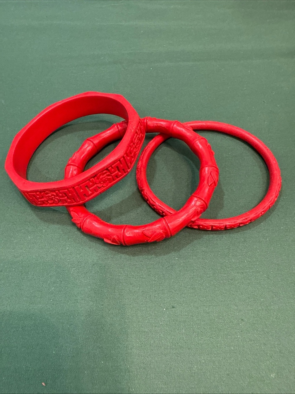 VTG Red Bamboo Style Carved Bangle Bracelets Cinnabar Style. 92D